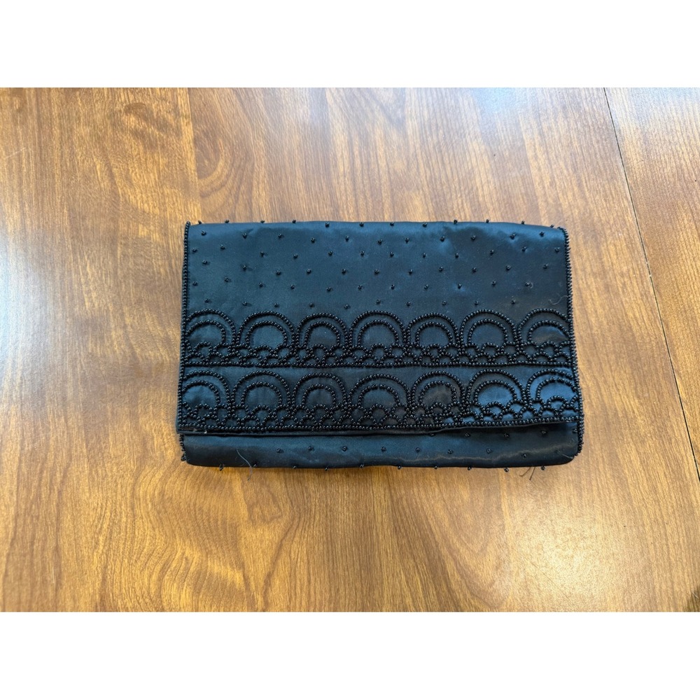 La Regale Vintage Black Satin Beaded Scallop Evening Clutch Bag Japan
